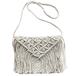 Indaba 100% Cotton Macrame Crossbody Bag - Boho Fringe Purse - Cream